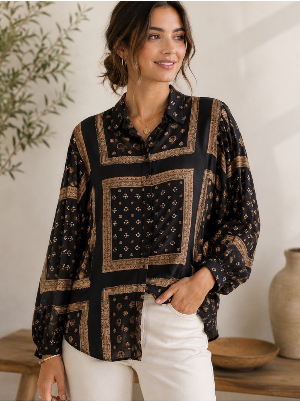 Free People Black & Brown Printed Button-Front Blouse